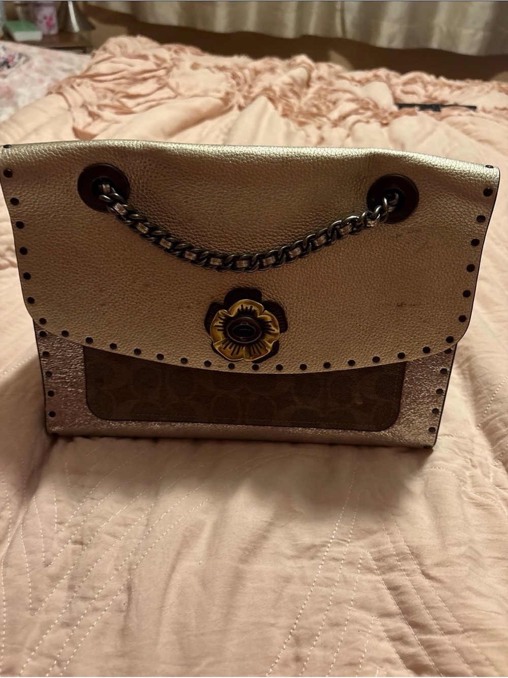 Coach Metallic Gold & Brown Signature Flower-Accent Shoulder Bag
